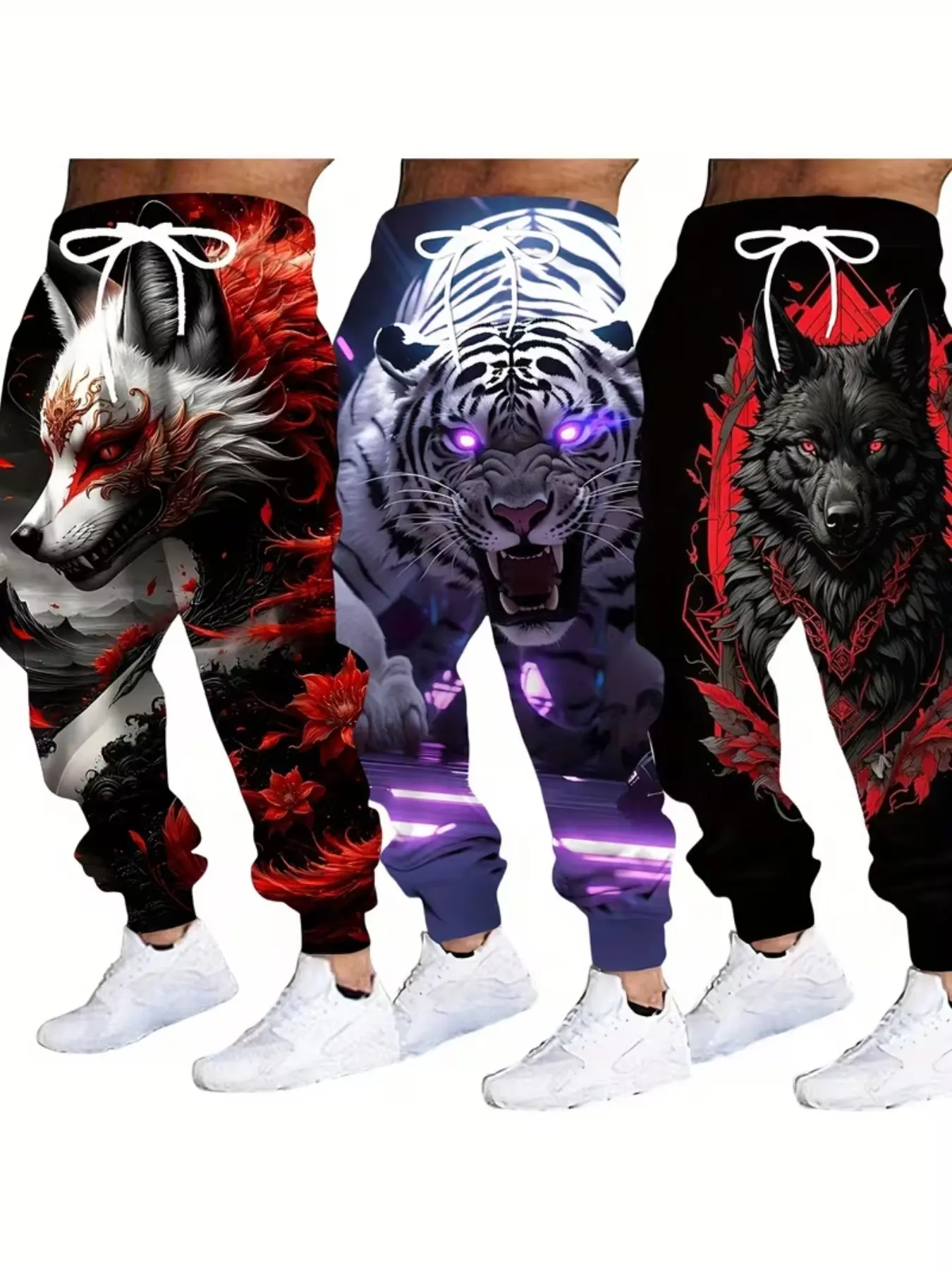 3-Piece Set Cool Beast Full-Color Print Ankle Pants, Nine-Tailed Fox Tiger Wolf, Streetwear Hip-Hop Elastic Casual Street Comfy Long Pants