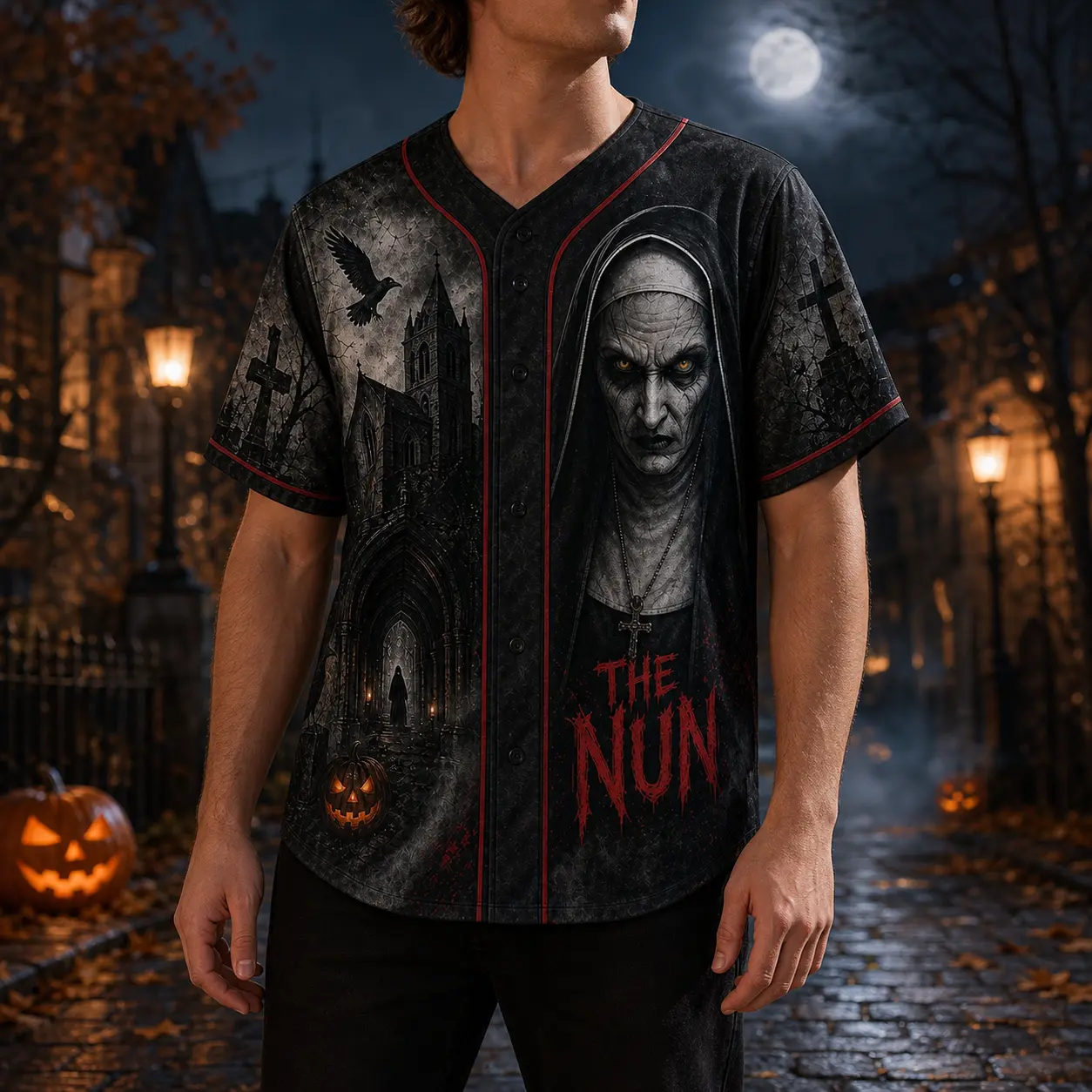 WB - Warner Bros Men's Breathable Retro Horror Slasher Baseball Jersey - Casual Sportswear, Relaxed Cut, Full Artwork, Spooky Squad Uniform, Halloween Parties Outfit, Gift, Machine Wash (Mexico, Washington Styles)