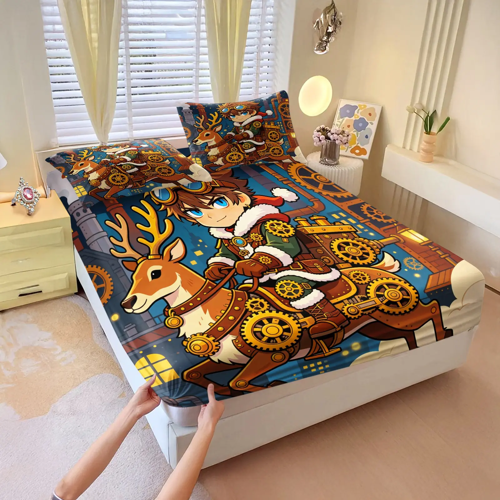 3Pcs Steampunk Anime Boy Fitted Sheet Set, 1 Fitted Sheet+2 Pillowcases, No Filling, Cartoon Boy Riding Reindeer Gear City Print, 360° Elastic Deep Pocket, Soft Breathable Microfiber, Machine Washable Bedding Sheets Bedding Decor for Kids Bedroom