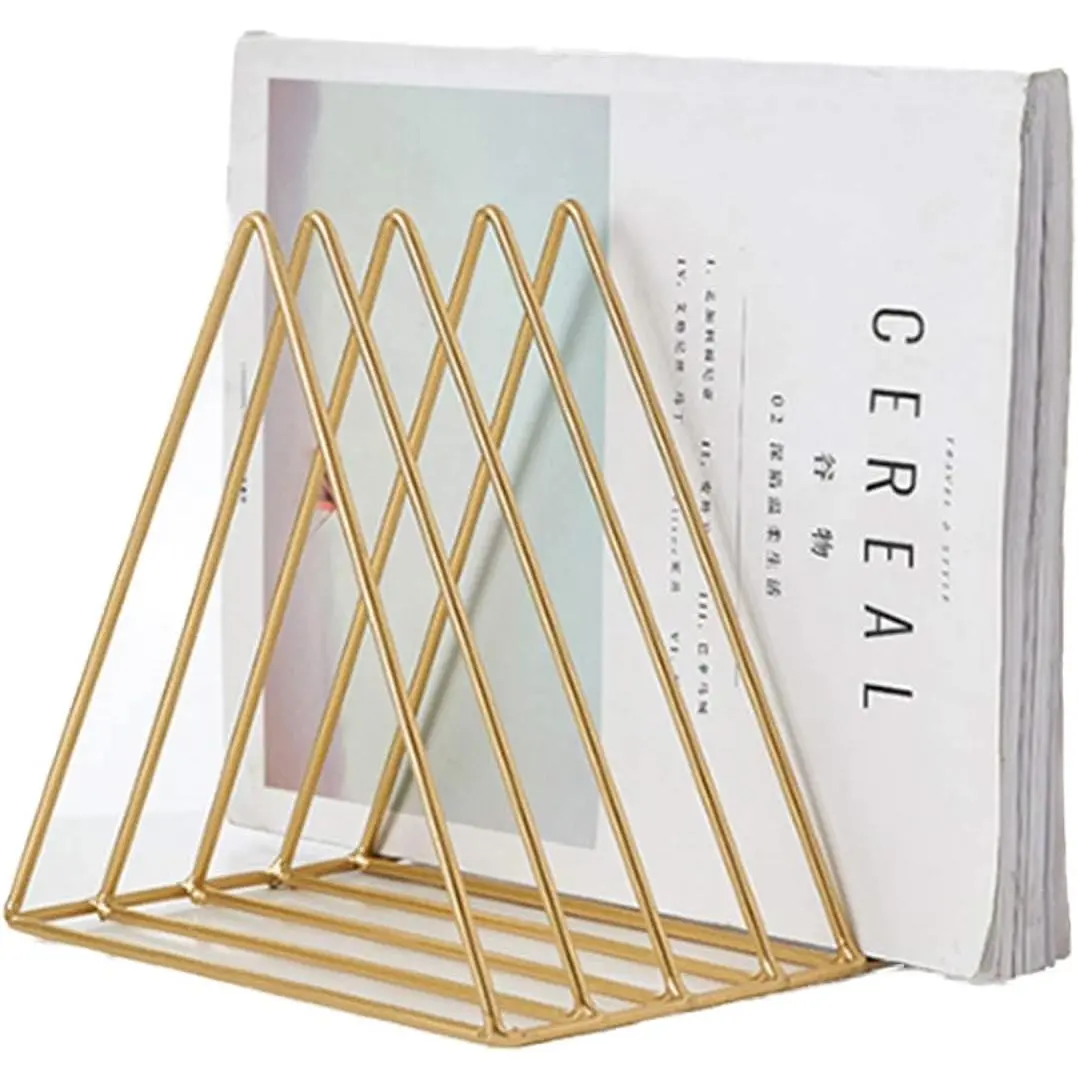 Triangle File Holder,5 Slot Metal Vinyl Record Stand Holder Magazine Newspaper Holder Photography Props for Office Home 1 Pc (Gold)