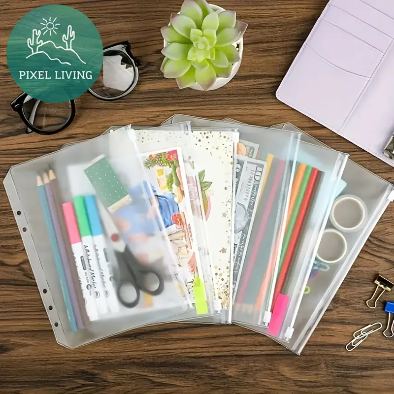 PixelLiving 22 PCS [10 Pieces A5/A6 Six Hole Transparent Binder Pocket Zipper Pocket + 12 Pieces Transparent Loose-leaf Ring] Cash Storage, Zipper Pocket, Stationery Storage, Pencil Case, Stationery Supplies, School Supplies, Budget Holder Accessories