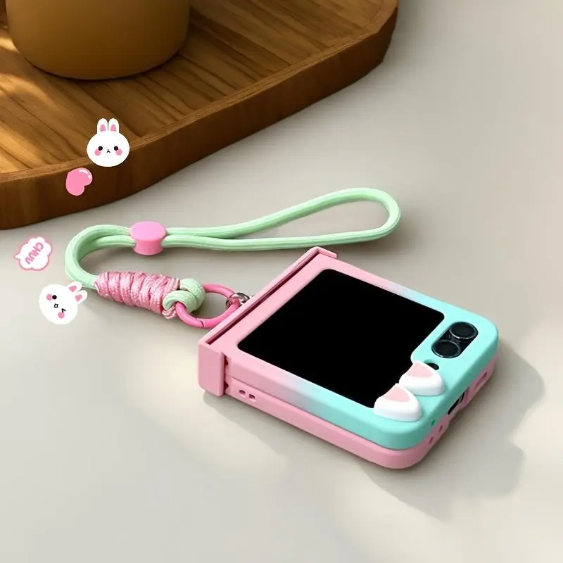 Phone Case: Gradient&Cute 3D Ears+Hand Rope Suitable for Samsung Folding Anti Drop Protective Case Suitable for GalaxyZFlip5/6/ZFlip7/7FE Flip Hinge Protection Suitable for MotoRazr50Ultra/Razr60Ultra Anti Drop Protective Case