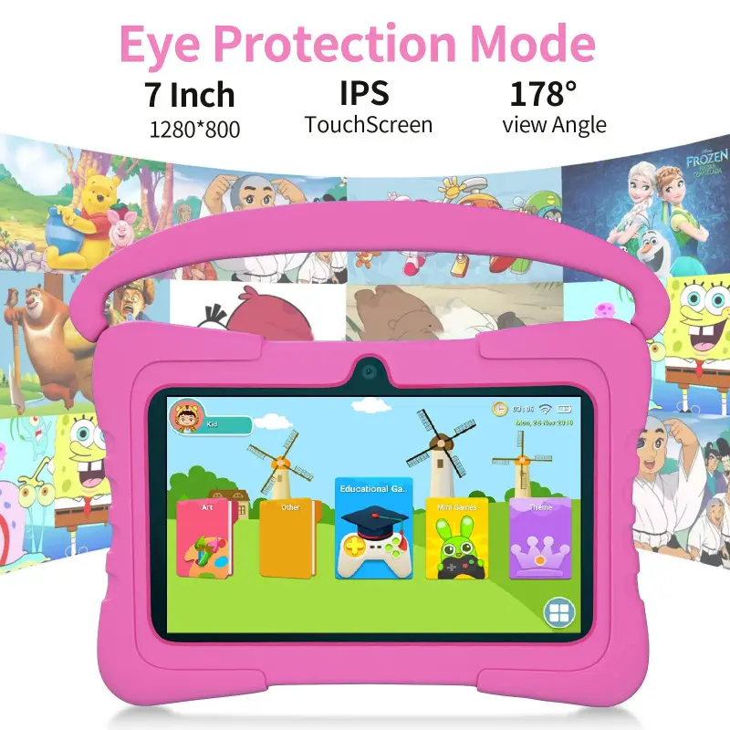 7-inch Android tablet Screen with shockproof protective case, 1GB + 16GB, Wi-Fi, parental controls, dual cameras, Bluetooth Touchscreen Tablet, educational, blue/pink, eye protection mode, Android Learning Tablet