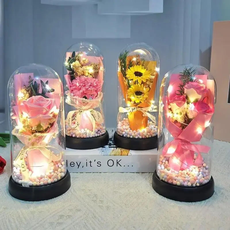 Glamorous LED Lights Bedroom Preserved Flower Bouquet - Lighted Acrylic Dome Floral Mix Arrangement with Roses, Carnations, Tulips, Unisex Celebration Indoor Centerpiece Gift for Mom