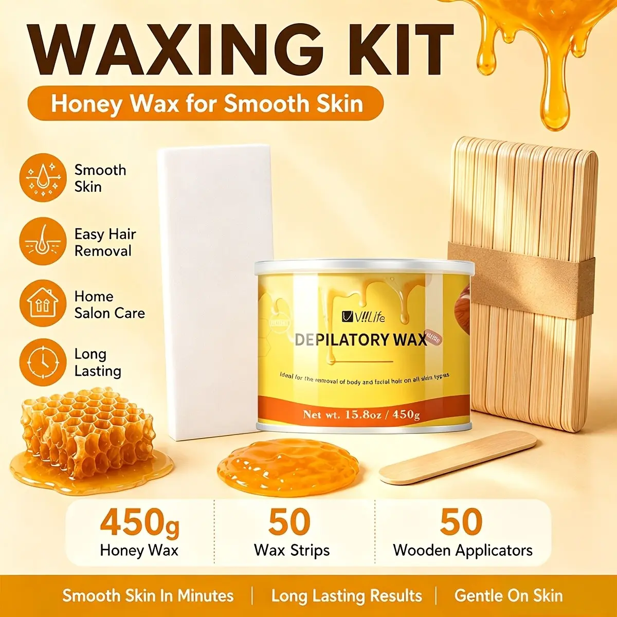 Viilife 450g Natural Honey Soft Wax Kit, At Home Waxing, 50 Wax Strips + 50 Wooden Scrappers, Gentle Full Body Hair Removal, Suitable for All Skin Types, Hair Removal Product