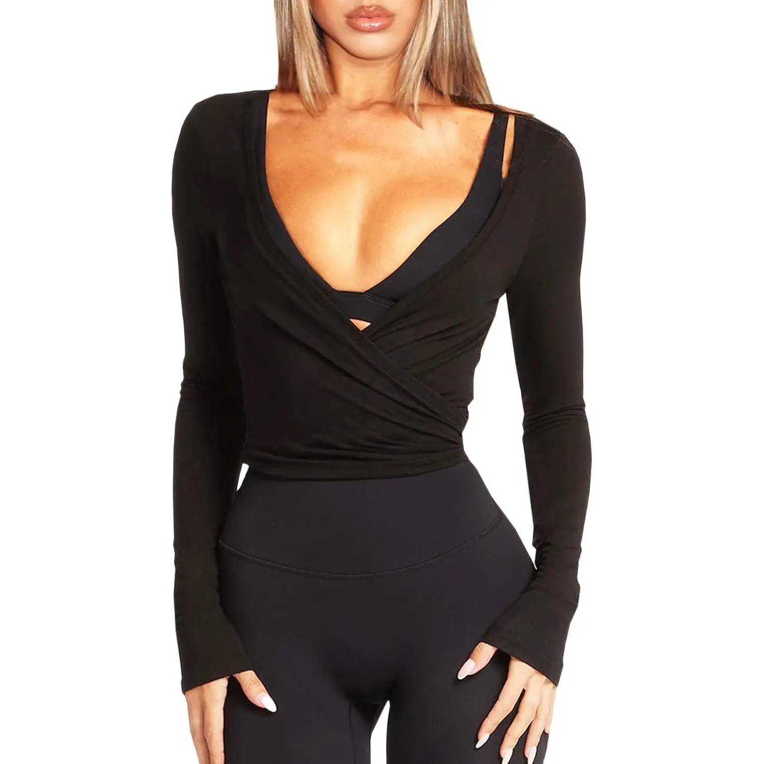 Women's Long Sleeve Pilates Ballet Yoga Workout Tie Wrap Top Cardigan - Gym Dance Fitness Athletic Cover Up
