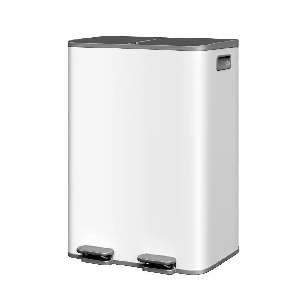 Gaomon 2 x 8 gal Stainless Steel Step-On Double Trash Can with Lid, Dual Compartment Kitchen Bin Combo with PP Inner Buckets, Liner Rim, Anti-Slip Rubber Ft, Odor Control, Grayish-White for Garage