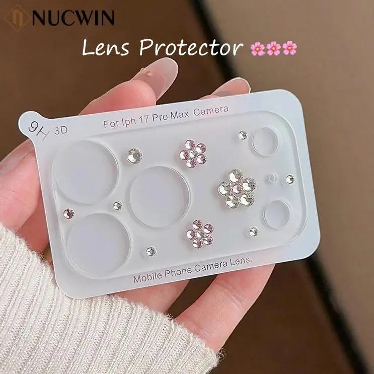 3D Pink Flower Rhinestone Shockproof Camera Protector - Hard-Soft Handheld Lens Film for iPhone 17 Pro, iPhone 17 Pro Max, Full-Cover Contemporary Art Photorealism Smartphone Device Protection Accessory, Cellphone