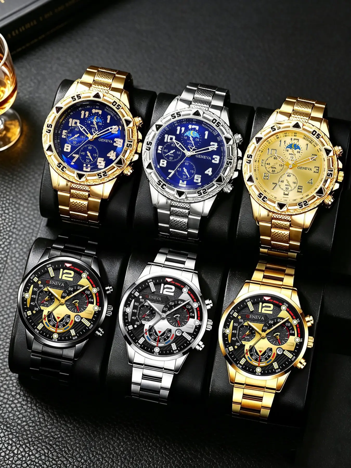 Men's Fashion Quartz Watch Set, 6-Piece Alloy Case, Silver Color Dial, Round Face, Mineral Glass, Button Closure, All Seasons Gift