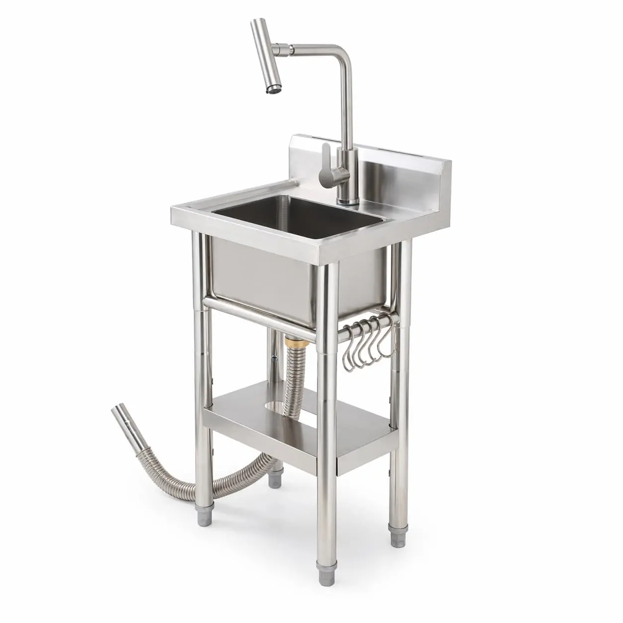 Heavy Duty Stainless Steel Large Size Freestanding Utility Sink - Single Bowl Commercial Restaurant Basin - 360° Rotatable Tap with Water Control, T-Type Hot & Cold Faucet - Ideal for Kitchen, Laundry