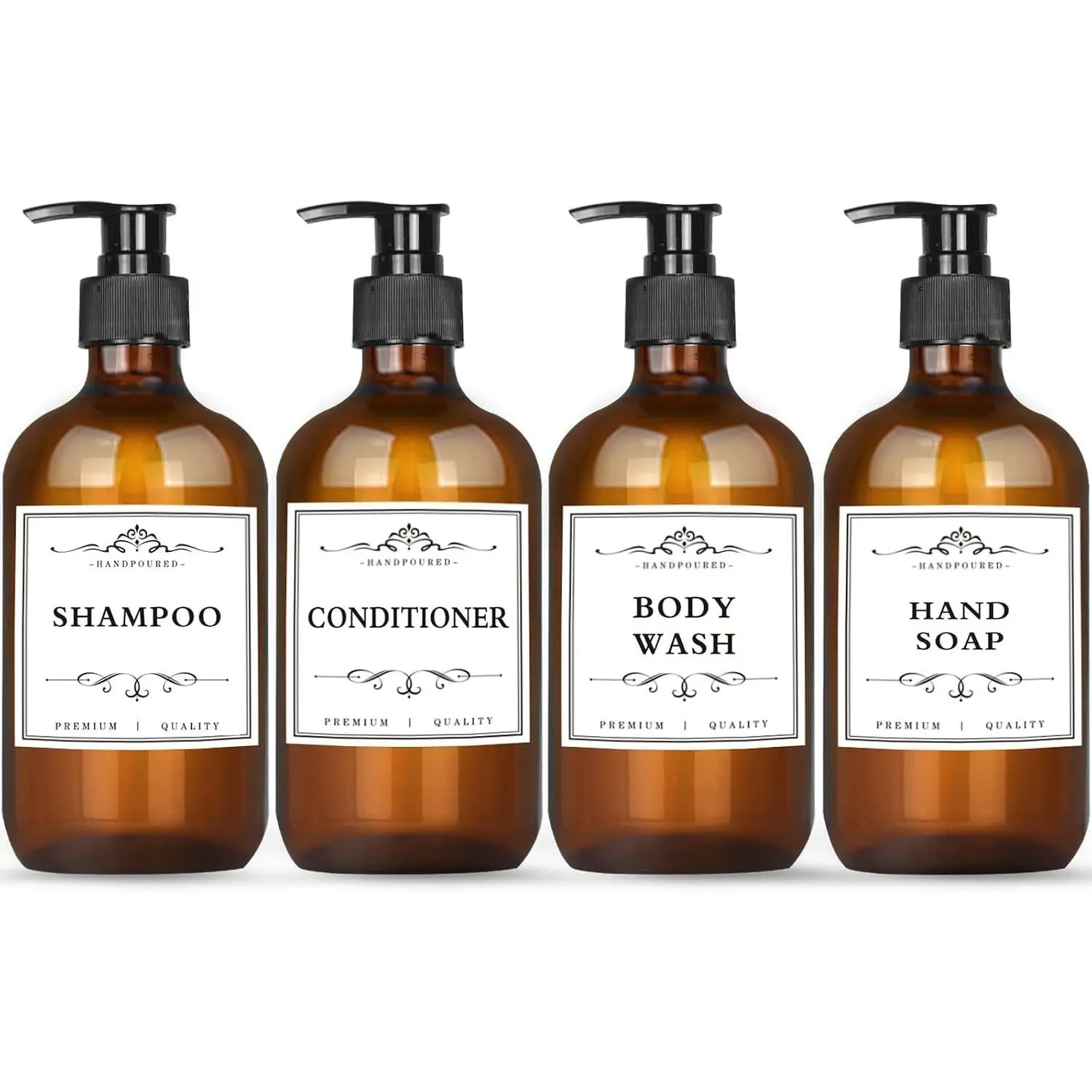 4 Pack 16.9 oz Amber Refillable Pump Bottles for Shampoo, Conditioner & Hand Soap with Waterproof LabelsGift