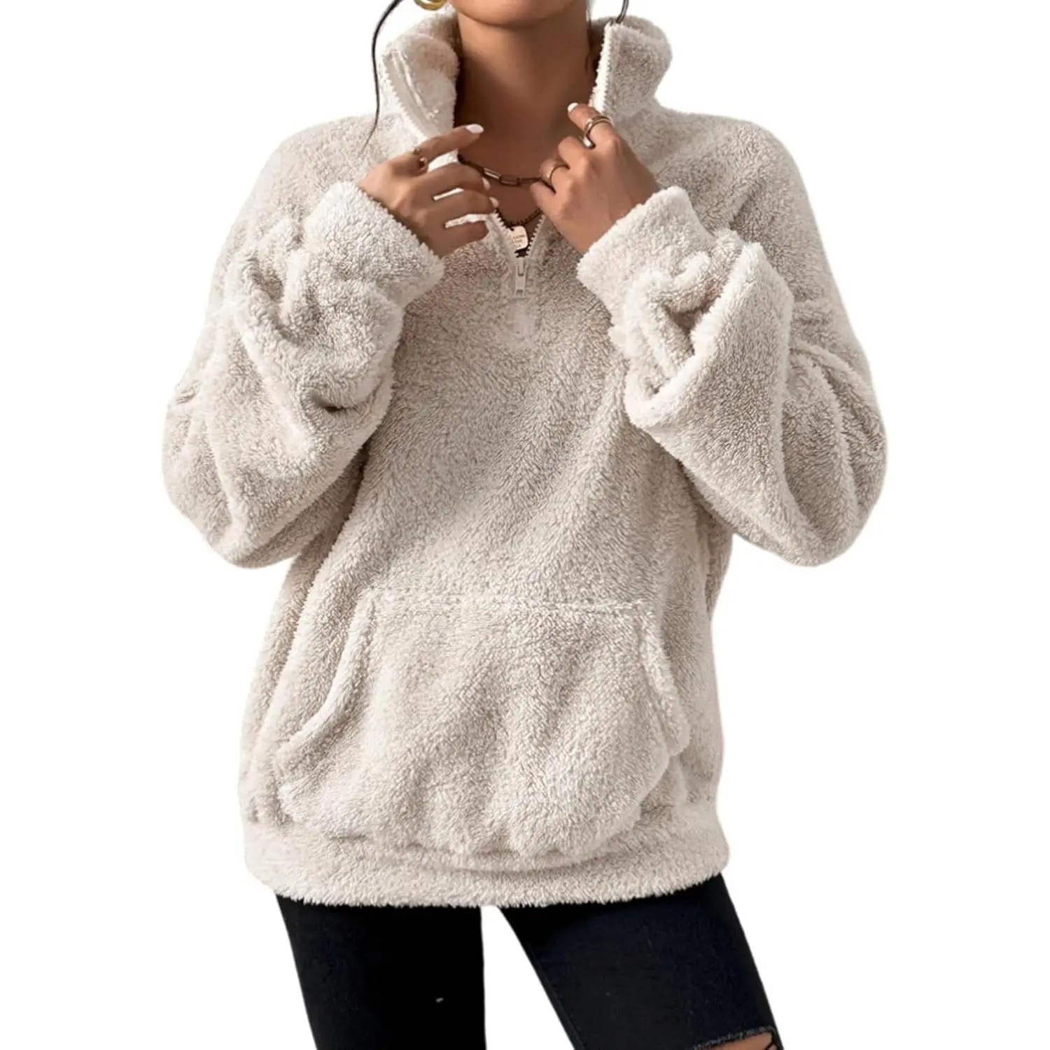 Yimoon Sherpa Sweatshirt for Women Fuzzy Fleece Sweatshirts Quarter Zip Up Pullover Soft Long Sleeve Top Pockets