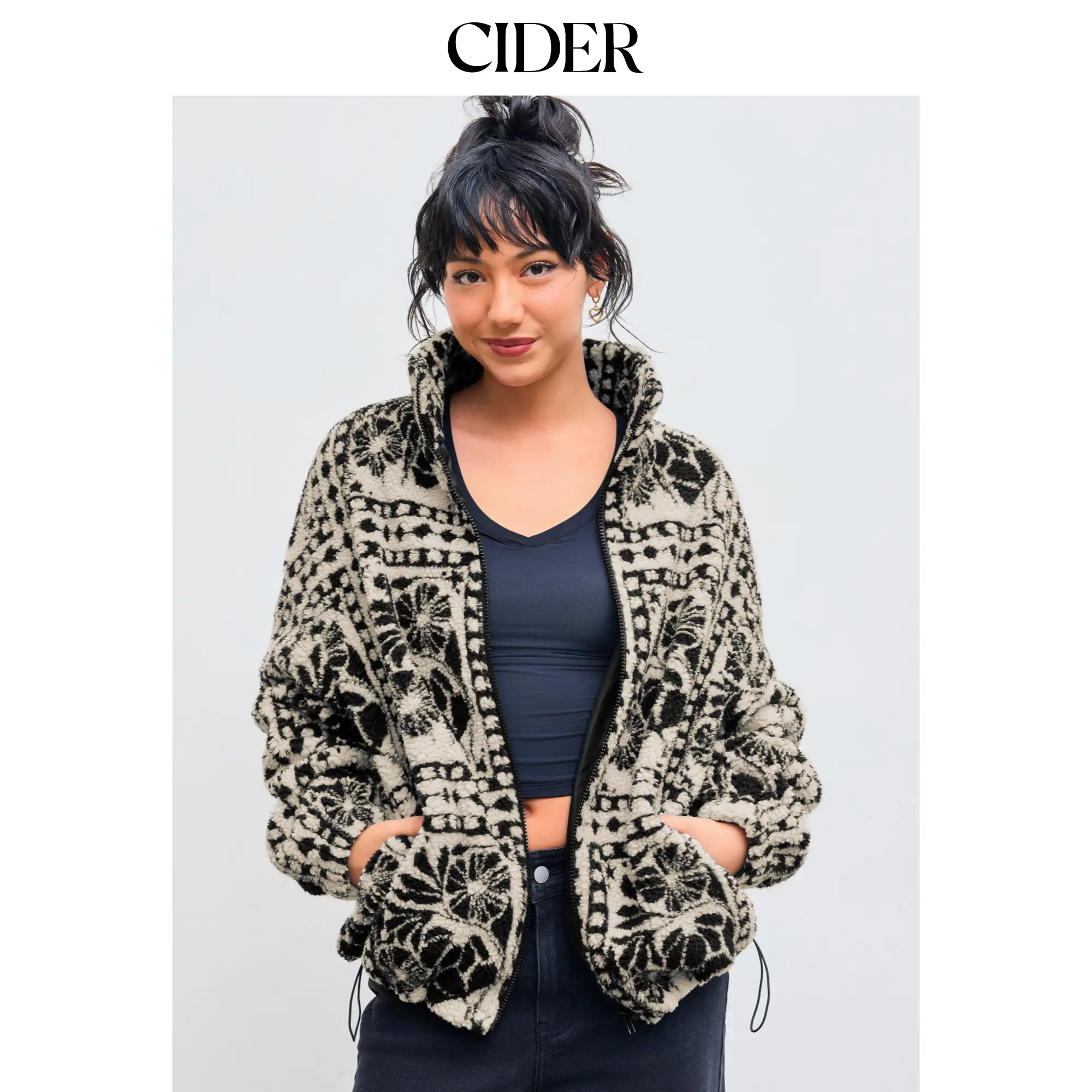 Cider Fleece Stand Collar Abstract Drawstring Oversized Jacket [LIVE ONLY] SohoChic