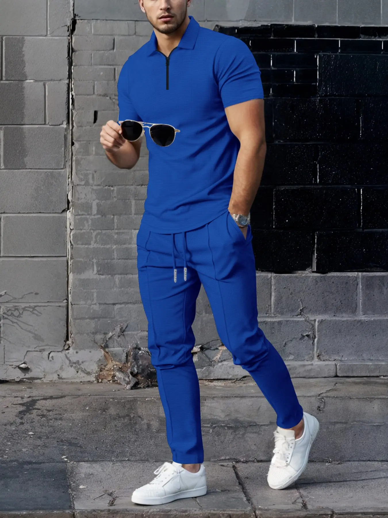 2026 New Men's Set, Christmas Gift, Friday, Summer Clothing, Two-Piece Set, Waffle Pattern, Button Front, Drawstring Pants, Casual Style