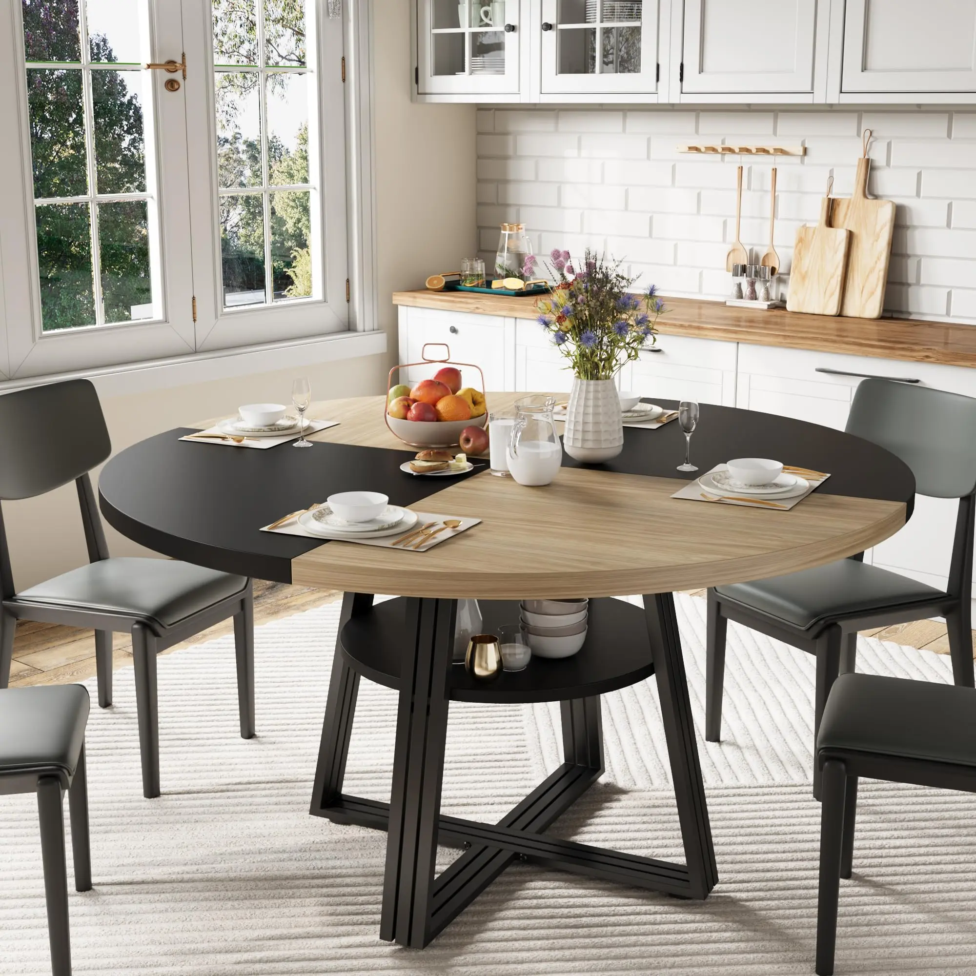 IdealHouse Modern Farmhouse Round Dining Table (No Chairs) - 42/47.2" Dia. Options, 500lb Capacity, Storage Shelves, Heat-Resist Top, Particle Board, Space-Saving, Dining Room Furniture, Apartment Indoor Table (Seats 4-6)