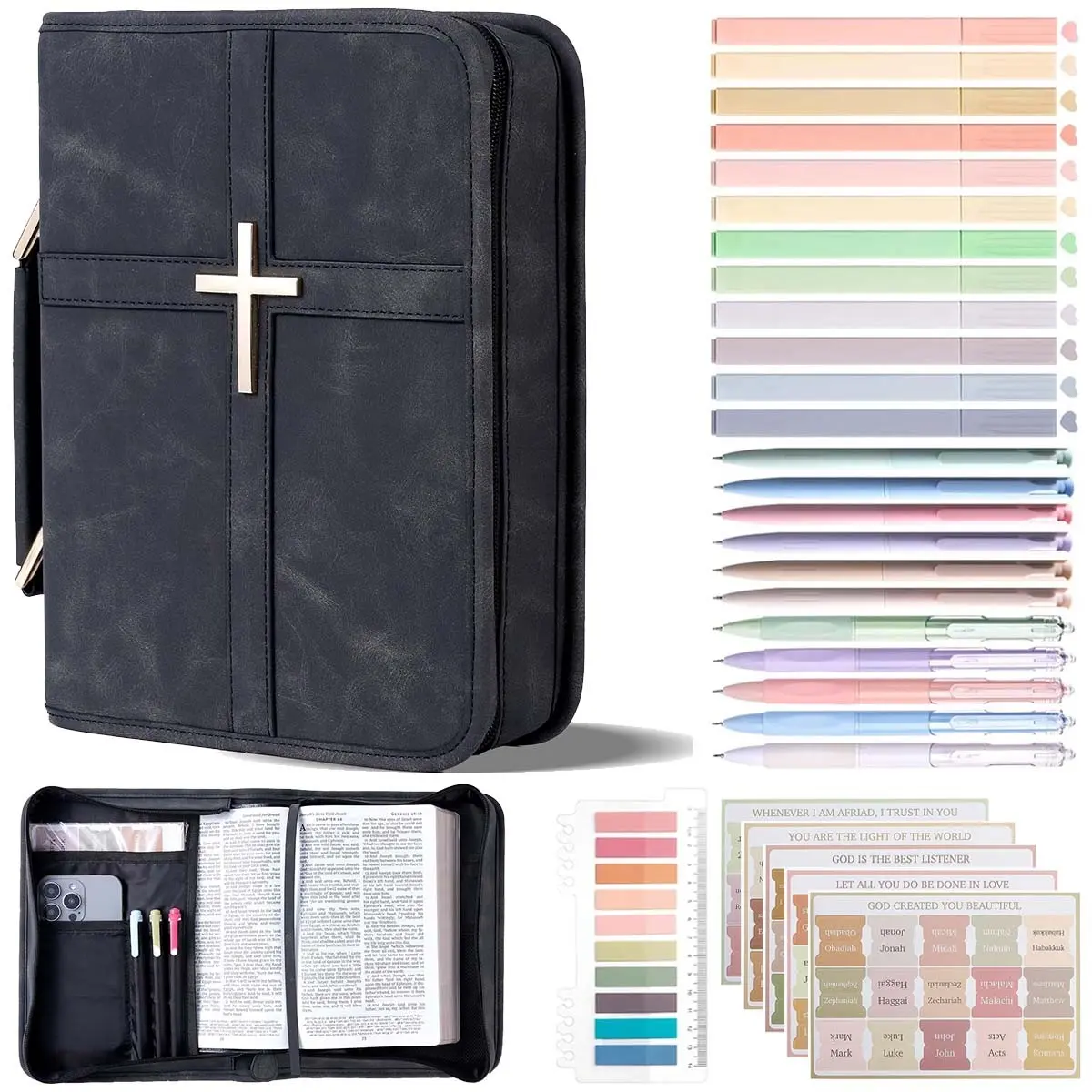 Classic Vegan Leather Bible Cover with Metal Cross Design Handle,include Pens, Tabs, Study Supplies Journaling Kit Zipper Bible Case Organizer Bag Durable Bible Study Supplies Carrying Bag for Men Women Christian Religious Daily Use