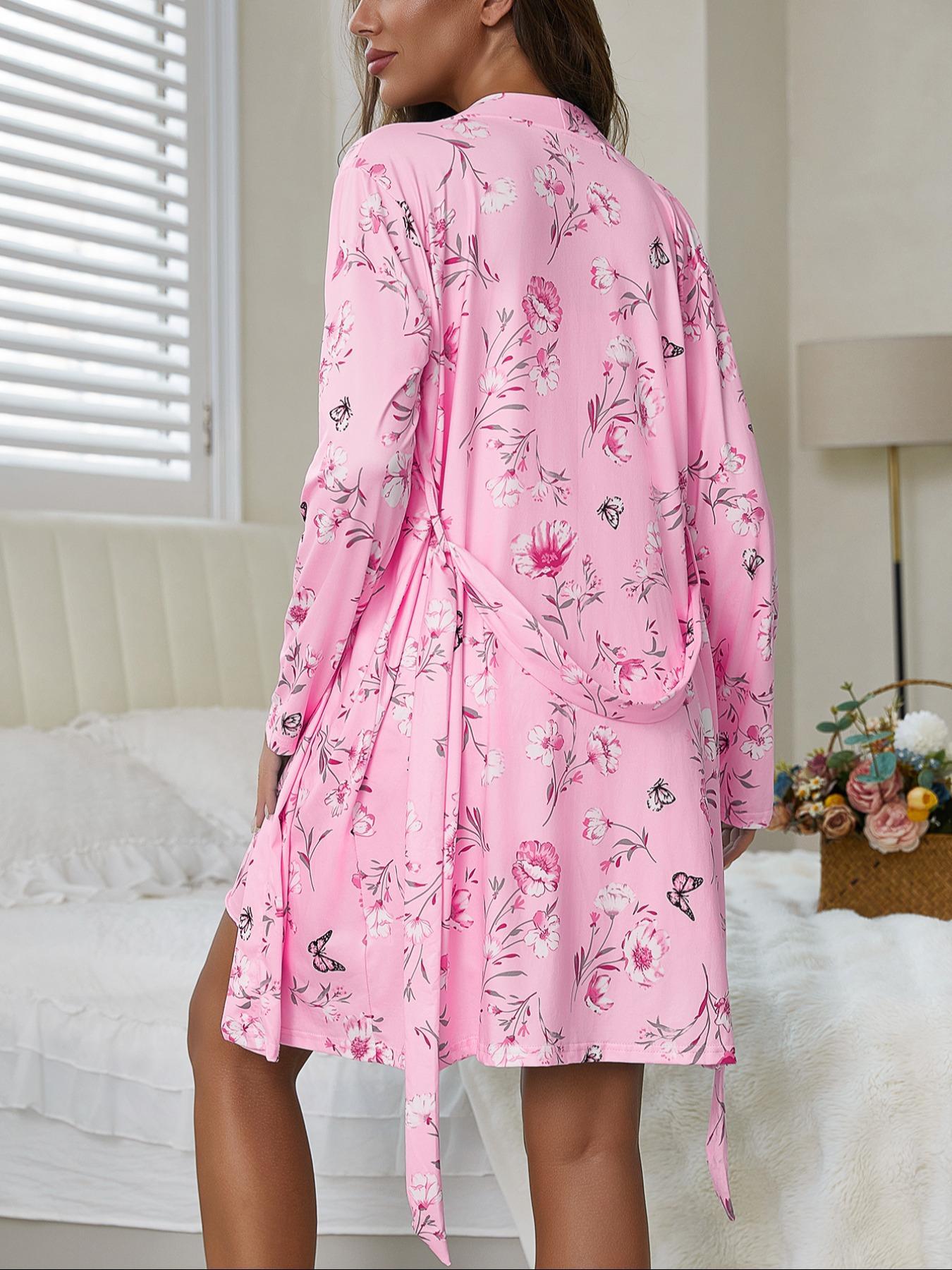 Women's Print Drawstring Robe and Camisole Nightdress Two-Piece Set, Casual Cute Women's Loungewear Set, Women's Suitable for All Seasons sleepwear dress home chic gown stylish womens soft Womenswear Long Sleeve summer