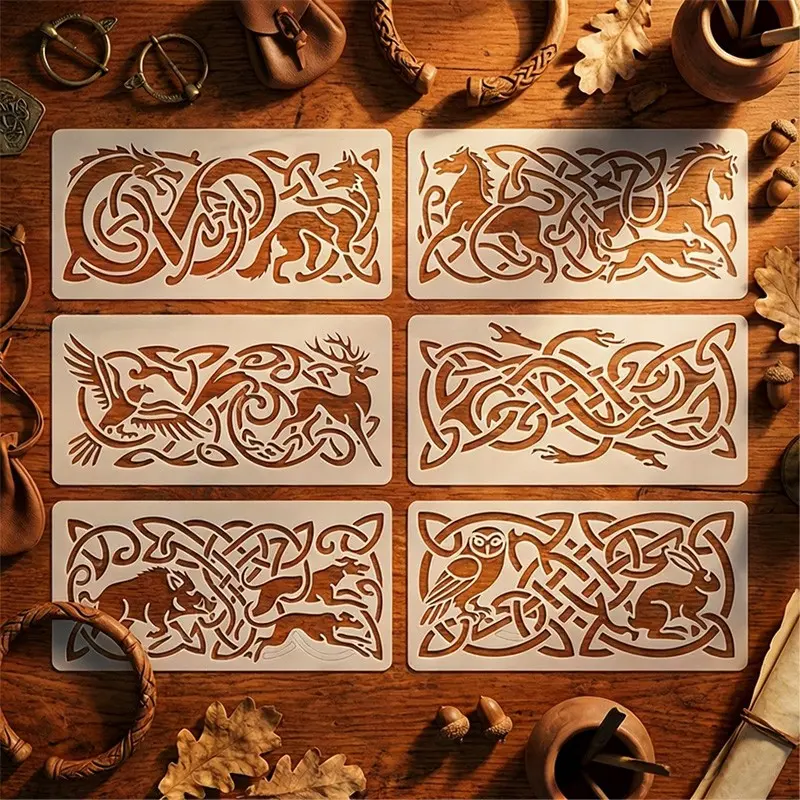 ⚔️ Washable & Reusable Norse Animal Stencil Set ✨ Multi-Purpose Celtic Knot Template for T-Shirt, Canvas Bag, Wood, Wall & Pillow Crafts 🔥
