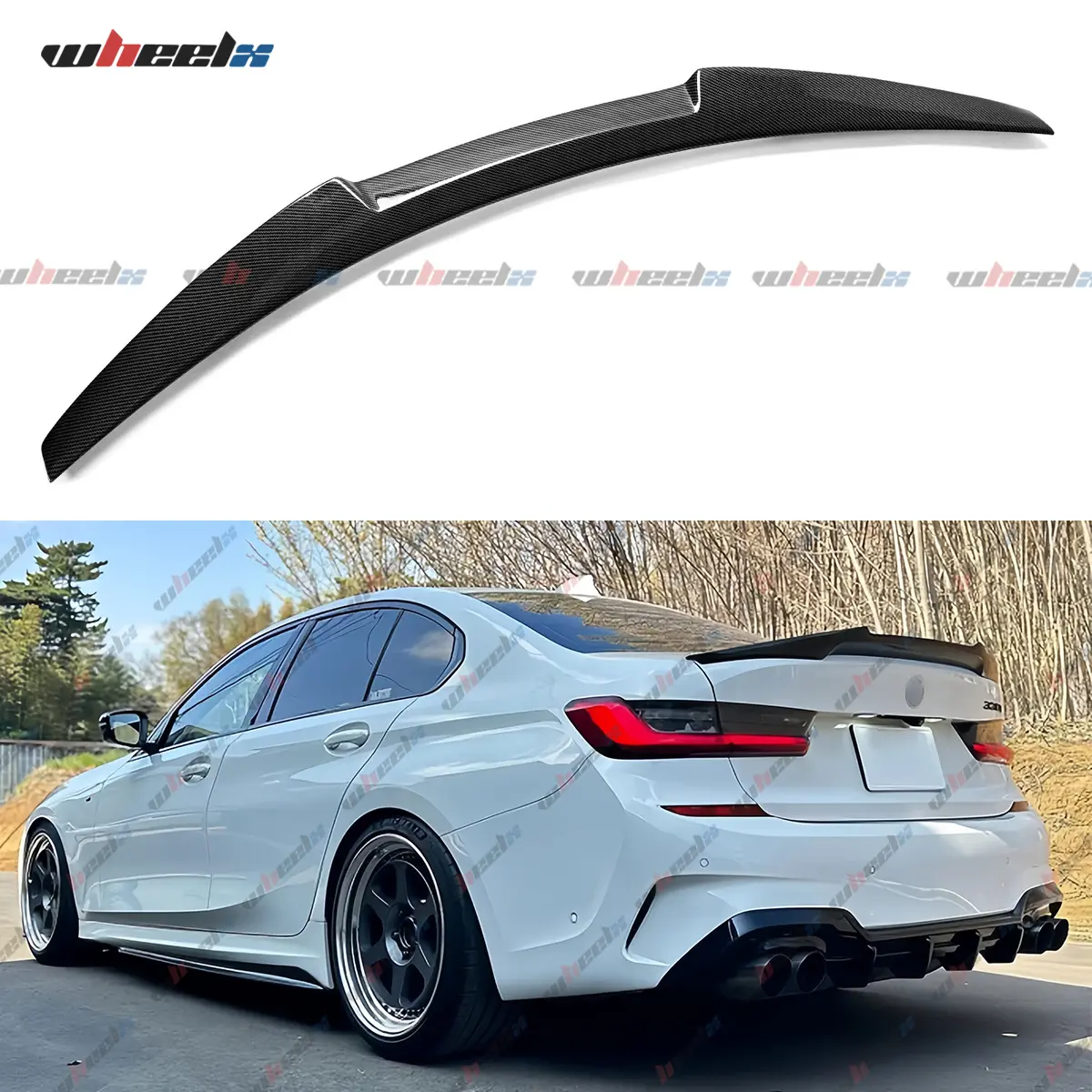 M4 Style - For 2019-2025 BMW G20 330i M340i M3 G80 4 Door Sedan High Kick Rear Trunk Spoiler Wing Lip Car Accessories ( Carbon Fiber Look / Gloss Black )