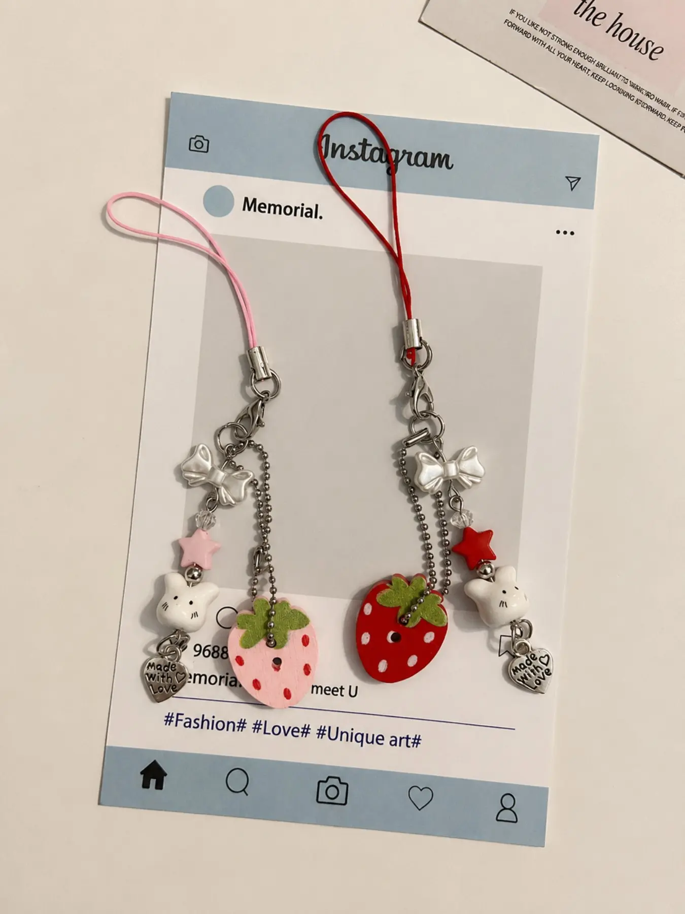 2pcs Cute Strawberry Phone Charm | Kawaii Strawberry Bead Phone Strap | Bow & Bunny Charm | Phone Keychain Wrist Lanyard