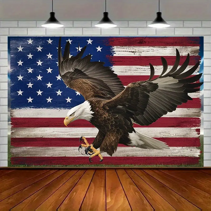Patriotic Bald Eagle American Flag 2D Flat Banner, Single-Sided Polyester, Metal Grommets for Easy Hanging, Indoor & Outdoor Wall Decor