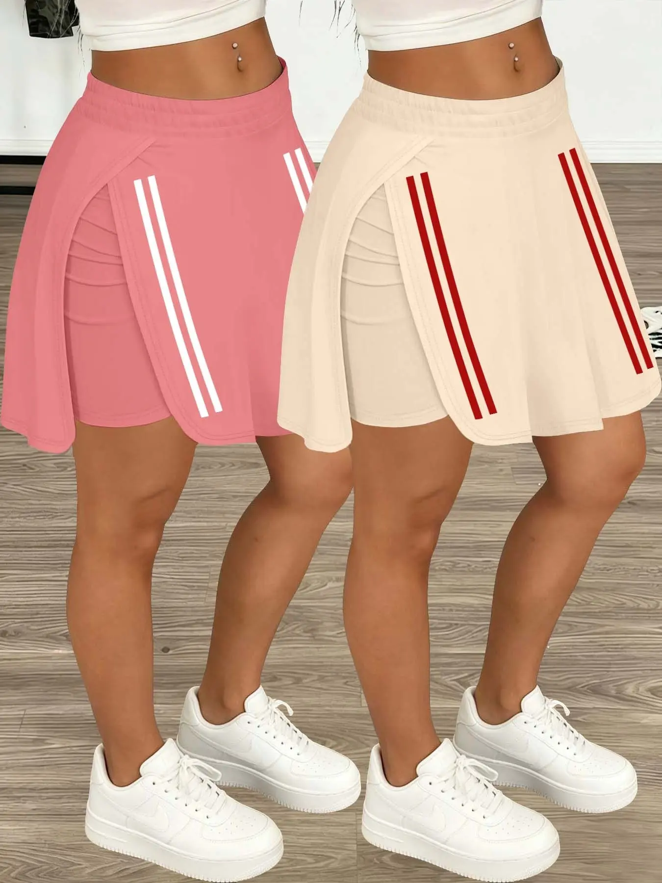 2026 Spring/Summer Hot New Arrival Double-Sided Colored Stripes Double-Bar American Sporty Style Anti-Exposure Skort, Sports Skorts (Daily Casual Light Sport Solid Color Women's Bottoms Versatile Commuting Street Active Skort Skirt