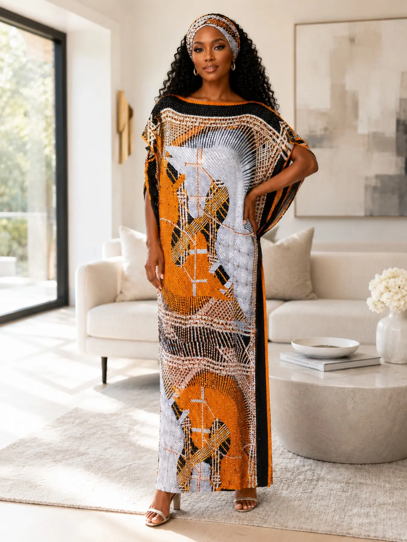 Plus Size Women 2 Piece Pleated Satin Caftan Robe Set, Orange Black White Abstract Grid Geometric Print Hotfix Rhinestone Embellished Loose Batwing Sleeve Maxi Dress with Matching Head Scarf, Curvy Elegant Loungewear for Home Beach Vacation