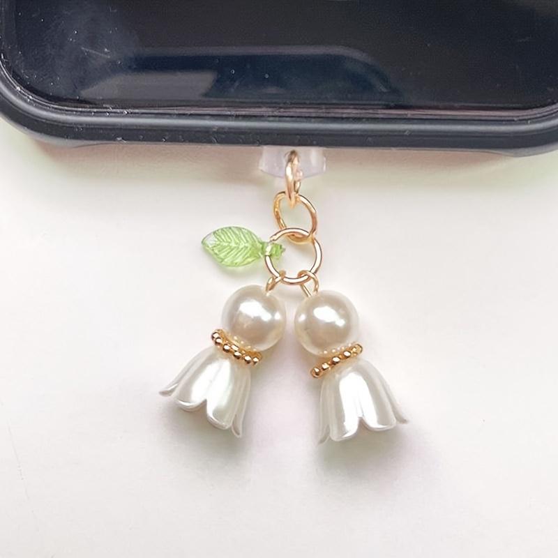 Cute Lily of the Valley Phone Dust Plug, Fairycore Floral Wind Chime Charm, Aesthetic Charging Port Cover for Cell Phone Type-C