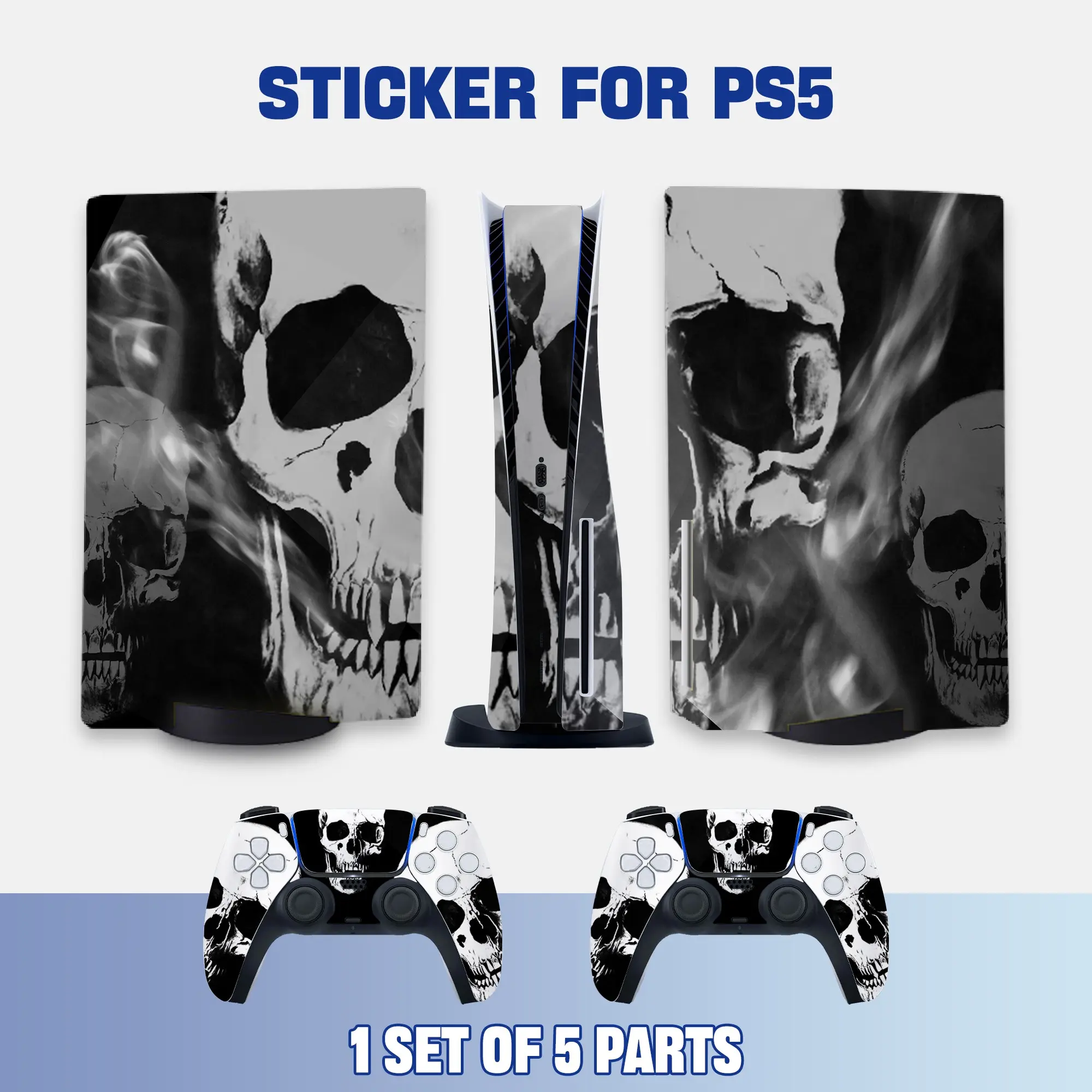 Ps5 Optical Drive Console & Controller Stickers, Skull Smoke Art Vinyl, Protective Decals for Gaming Accessories