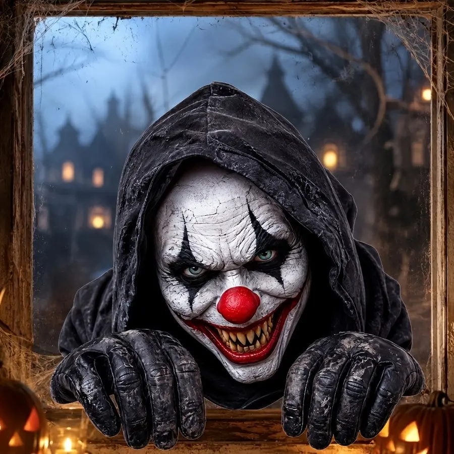 Halloween Horror Window Sticker, Evil Clown Static Cling Decor, Reusable No-Adhesive Glass Decoration, Perfect for Home Bar Party