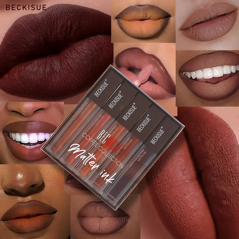 5Pcs Coffee Collection Matte Ink Liquid Lipstick Set, Nude Dark Brown Cocoa Shades Non-cracking Velvety Long Lasting Matte Lip Tint Kit, Waterproof Longwear Gothic Neutral Lip Gloss for Daily Goth Makeup