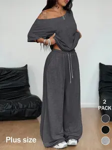 Plus Size Women's Casual Striped Cami & Pants Set, Comfortable Breathable Fabric Off-Shoulder Top & Wide Leg Pants, Ideal for Everyday Daily Wear & Outdoor Activities