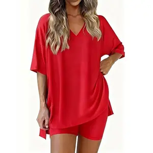 Women's Cozy 2-Piece Lounge Set, Oversized V-Neck T-Shirt & High-Waist Biker Shorts, Soft Stretchy Everyday Homewear