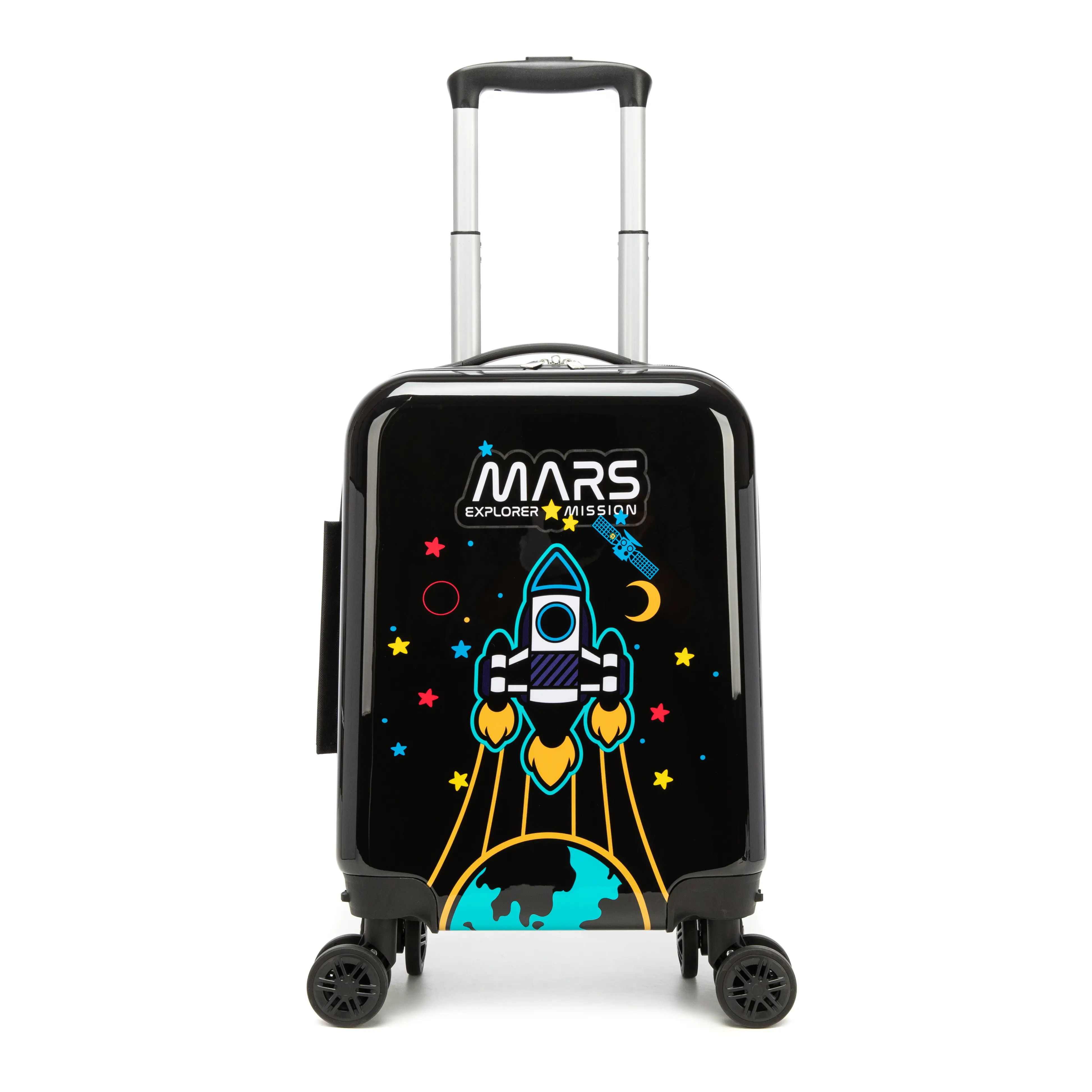 Kids Hardside Spinner Luggage with Spinner Wheels, ABS Plastic Carry-On Size, Black Space Rocket Mars Explorer Design for Boys, Prop 65 Safe Astronaut Galaxy Travel Suitcase for Travel Use 2026