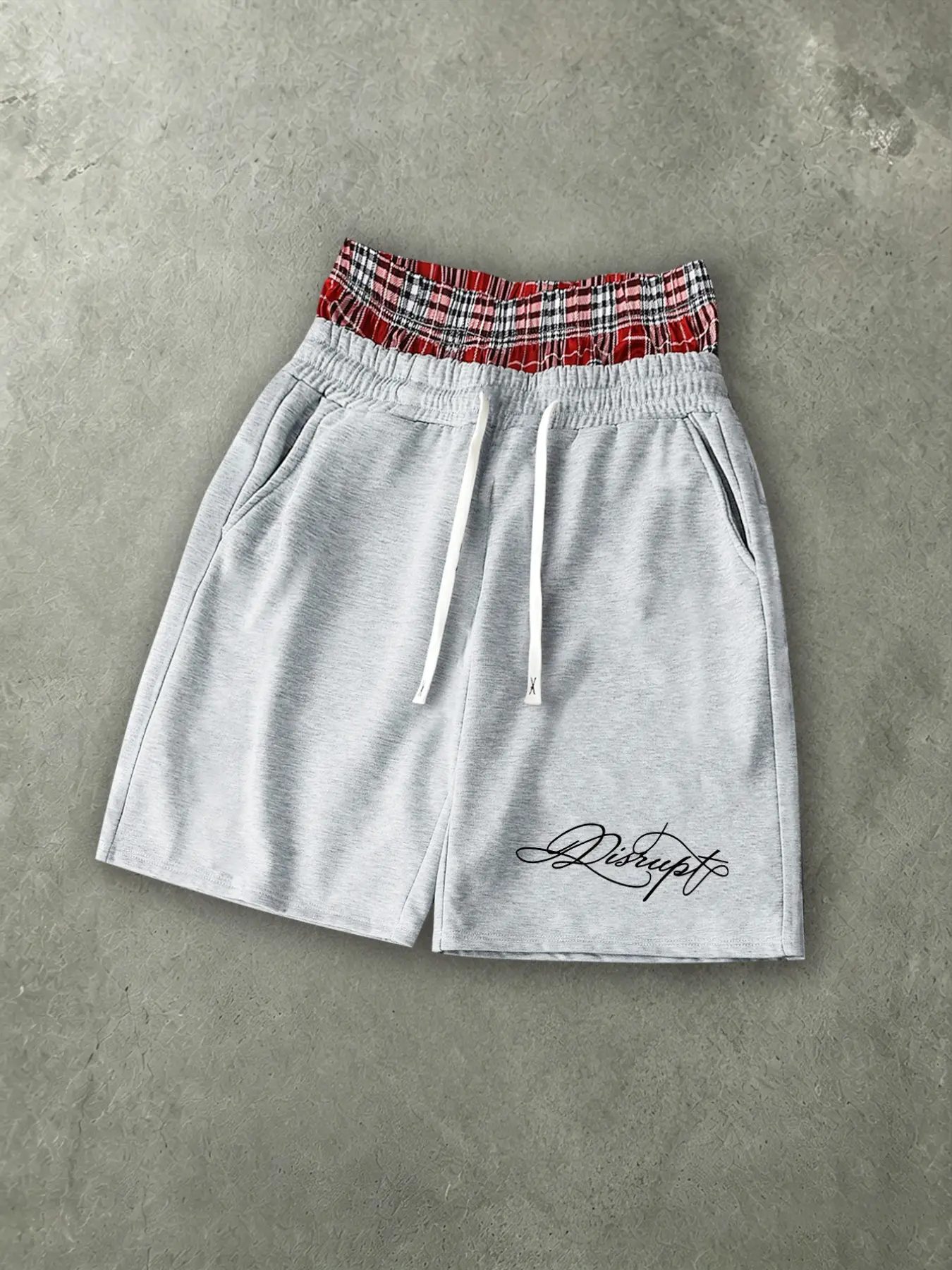Y2K Layered Plaid Double Waistband Baggy Shorts, Streetwear Embroidered Script, Wide Leg Sweat Shorts, Wrinkle Resistant Draped Loose Fit, Summer Street Outfit