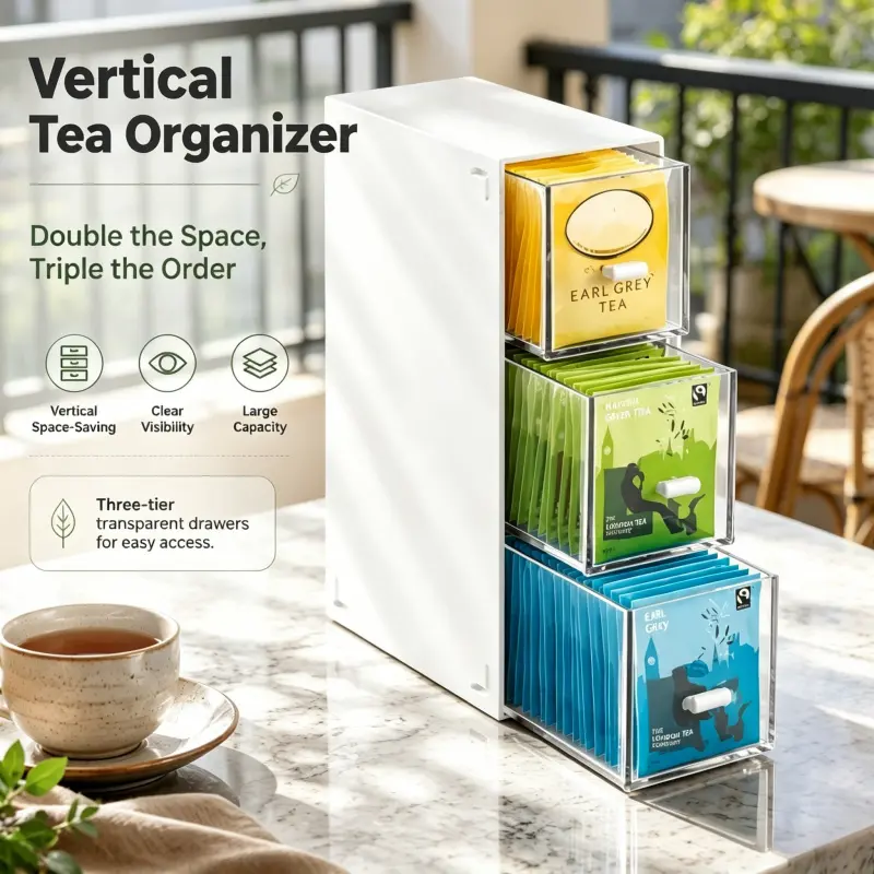Compact Vertical Tea Bag Holder Organiser With 3 Clear See Through Drawers Space Saving Large Capacity Kitchen Counter Tea Storage Box