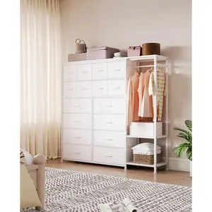 Garvee 16-Drawer Tall Bedroom Dresser with Clothes Hanging Rack & 2 Storage Shelves - Large Fabric Chest for Closet, Living Room, or Girls' Room - Sturdy Metal Frame, Wooden Top - Ideal for Organized Storage