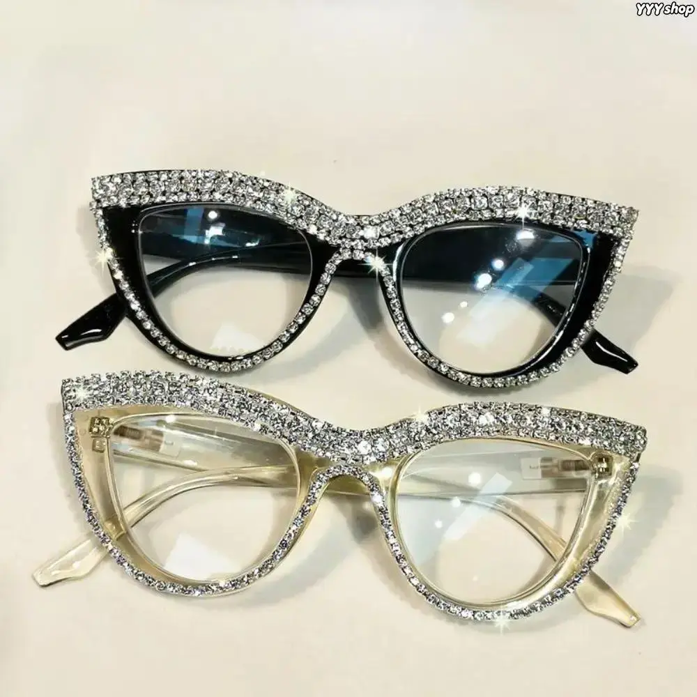 Women’s 2-Pcs Cat Eye Rhinestone Anti-Blue Light Glasses, Elegant Full Frame Eyewear With Sparkle Decor, Black & Translucent Frames, Polycarbonate Lenses For Daily Wear & Eye Protection