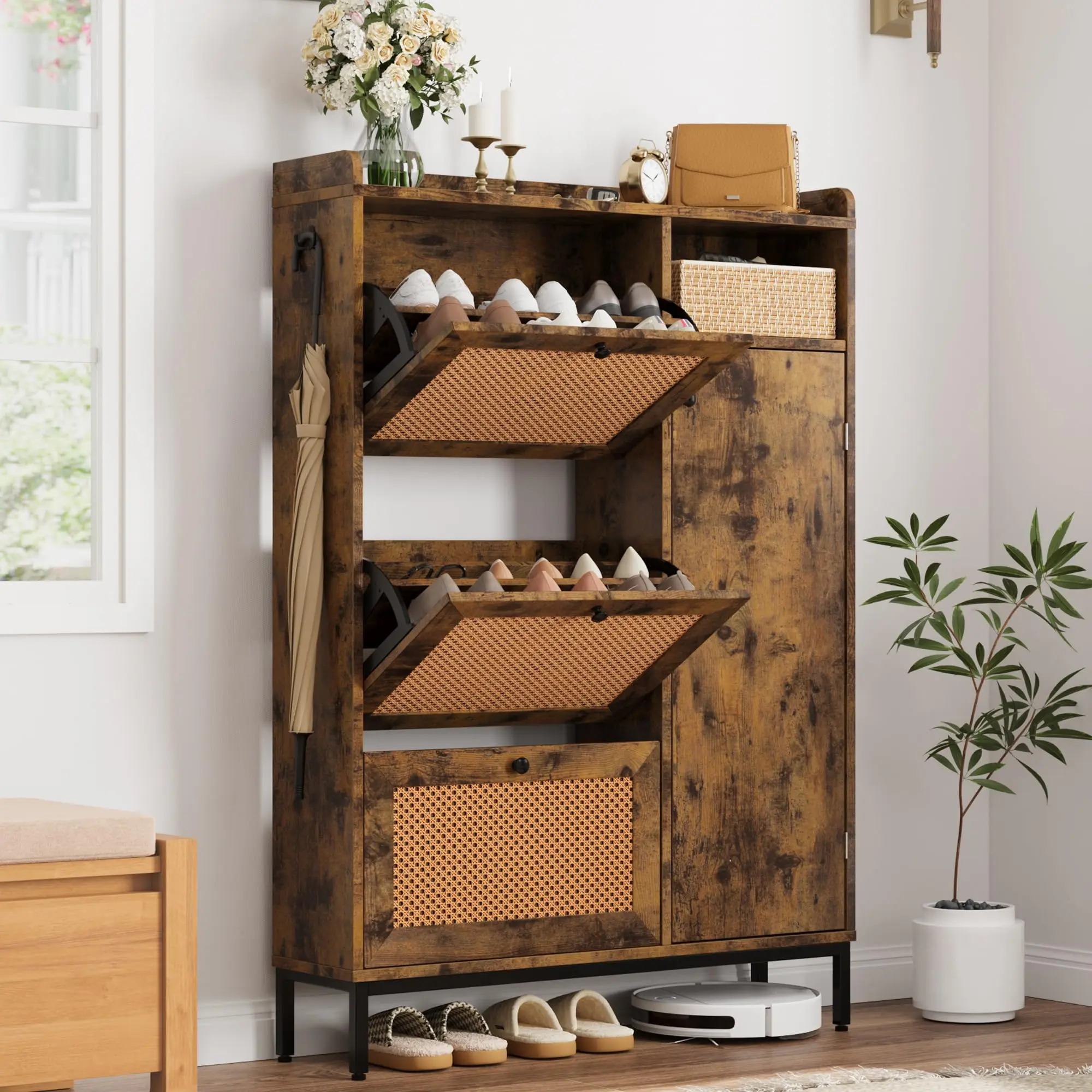 Shoe Cabinet with 3 Flip Drawers & Rattan Doors, Freestanding 4-Tier Shoe Organizer with Adjustable Shelf, Narrow Rack for Entryway Closet Hallway