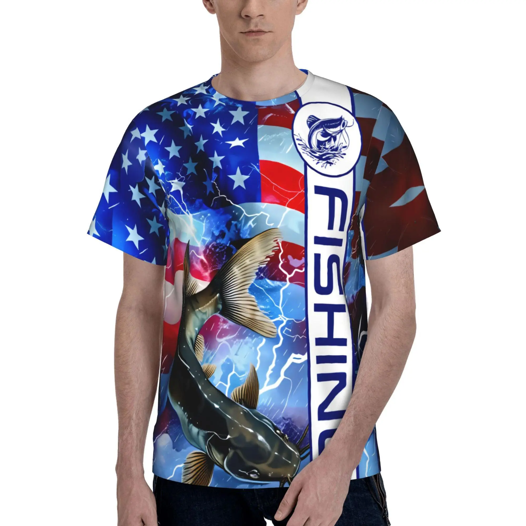 Men's American Flag Catfish Fishing T-Shirt, 3D Graphic Print Short Sleeve Round Neck Tee, Lightweight Breathable Polyester Knit for Outdoor Wear, Shortsleeve, Stretch, Menswear, Tshirt, Regular Fit, American Patriotic Men's Short-Sleeve T-Shirts, Full Pr