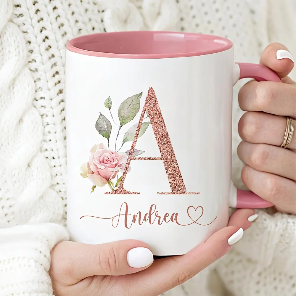 Stylish Printed Floral Alphabet Ceramic Coffee Mug - 11oz (330ml) Wide Mouth, Lightweight, Sturdy Bridesmaid Gift with Pink Interior, Women's Cup for Home, Office, Weddings, Aesthetic, Letters