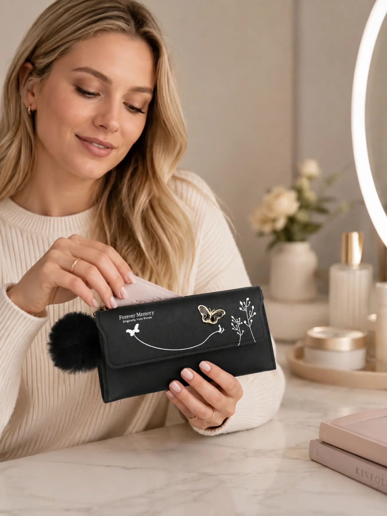 Fashion Butterfly Wallet for Women Girls, Long Clutch Purse with Cute Plush Pom Keychain and Large Capacity Card Holder Design for Cash Coins Cards Phone and Daily Essentials, Valentine Day Birthday Gift for Wife Girlfriend