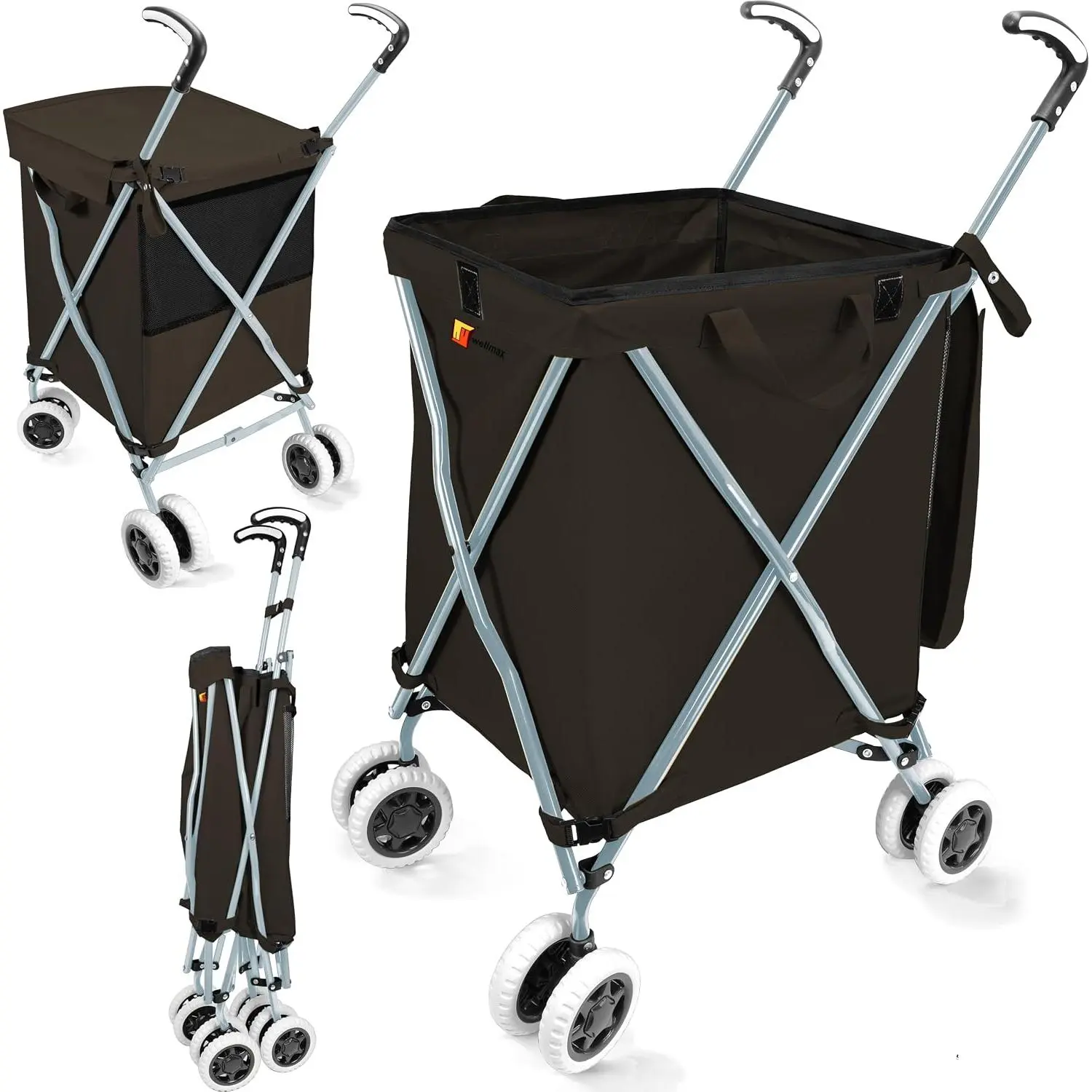 WM99100 Series Folding Shopping Cart with Wheels, Grocery Cart with Removable Canvas with Cover, Lightweight Utility Cart for Groceries and Laundry - Holds up to 120 lbs (Black)