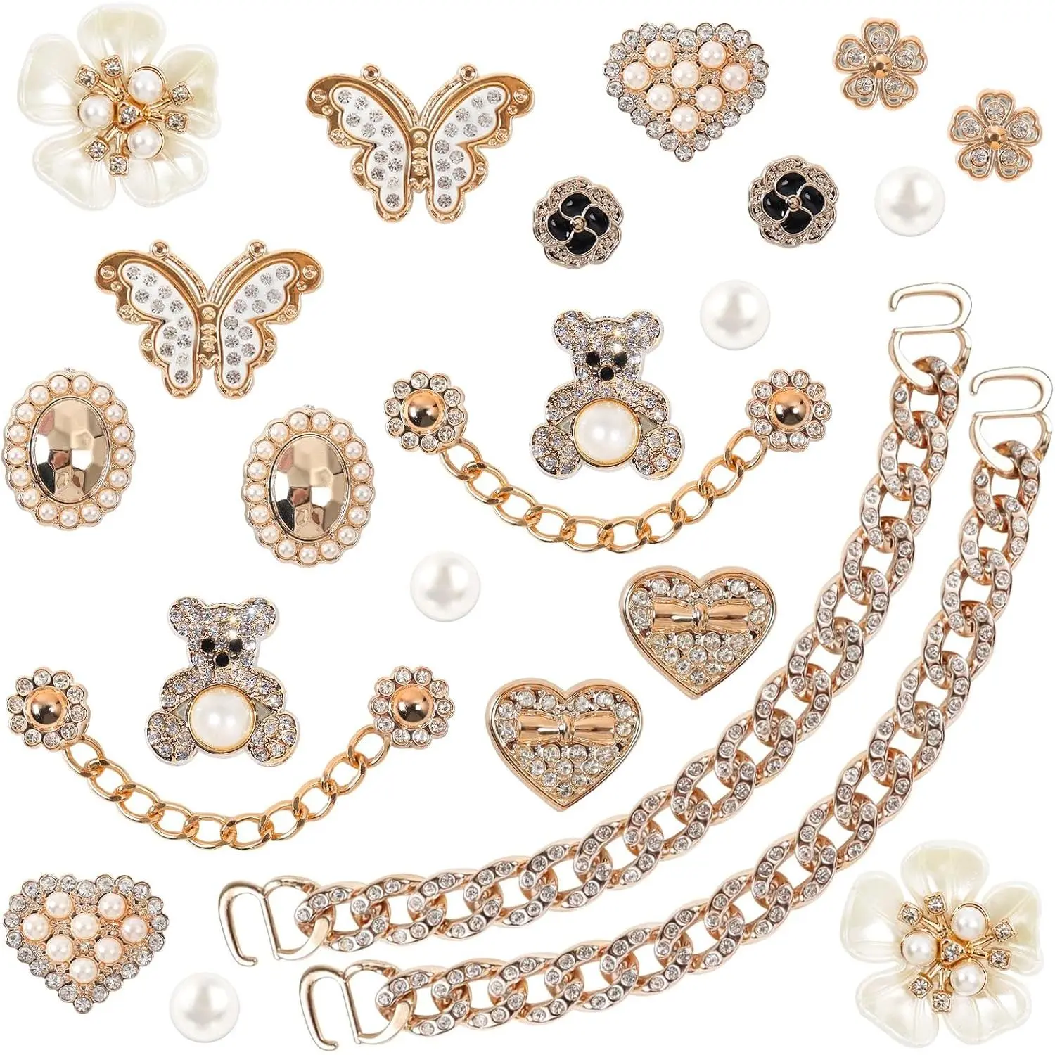 24 PCS Shoe Charms Chains Accessories for Women Flower Pearl Clog DIY Shoe Decoration Charms Rhinestone Shoes Charm Chains Bling Cute Decor for Party Birthday Favor