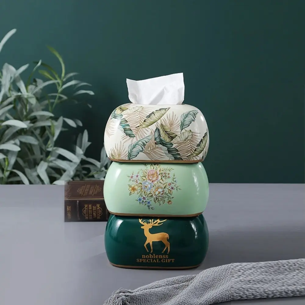 Elegant Ceramic Napkin Holder with Floral Design, with Gold Accents, Ideal for Home Decor, Living Room, Dining Table, Office Accessories