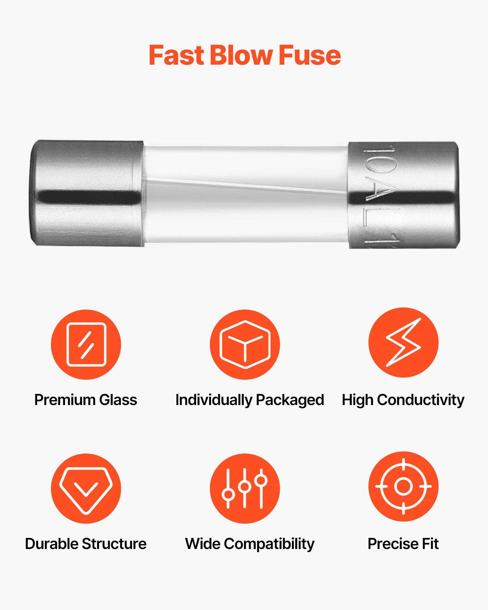 VEVOR Fast-Blow Glass Fuses Assortment Kit, 120 Pcs 125 Volt, 5 x 20 mm 1A 2A 3A 4A 5A 8A 10A, 3.6 x 10 mm 2.5A 3A 5A Tube Fuses, Suitable for Electrical Boxes, LED Strips, Electronics, Appliances