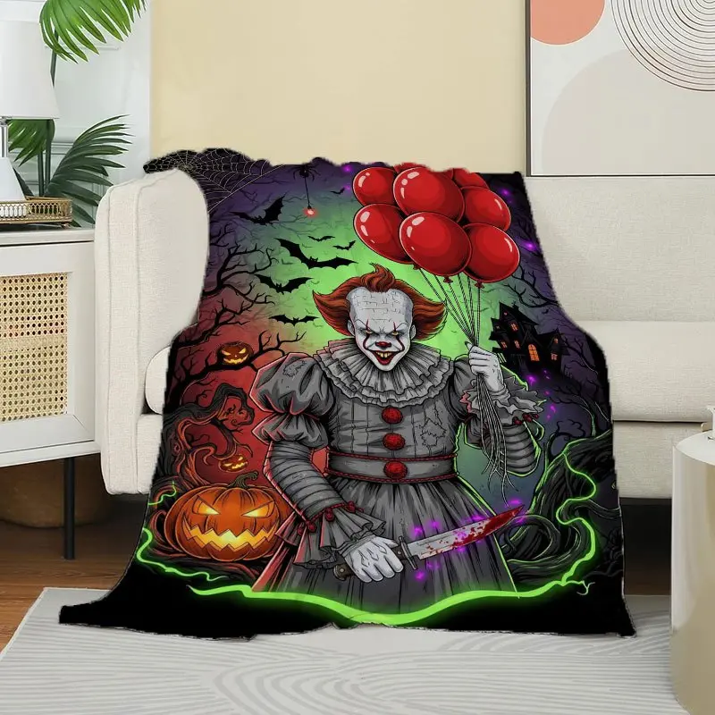 1pc Horror Pennywise Clown Printed Flannel Blanket, Soft and Warm, Lightweight and Durable. Suitable for Bedroom, Office Nap, Outdoor Terrace, Beach, or Yoga Mat. Ideal Gift for Valentine's Day, Christmas, Mother's Day, Women's Day, Thanksgiving.
