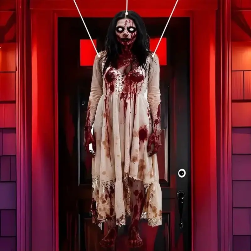 Large Halloween Decoration Flag Zombie Lady Door Banner, Bloody Entrance, Indoor Outdoor Party Backdrop, Durable Polyester Fabric