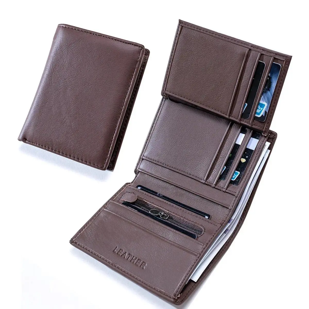 Men's Vertical Bifold Wallet in Cowhide Leather, RFID Blocking Card Holder with Independent Coin Pocket