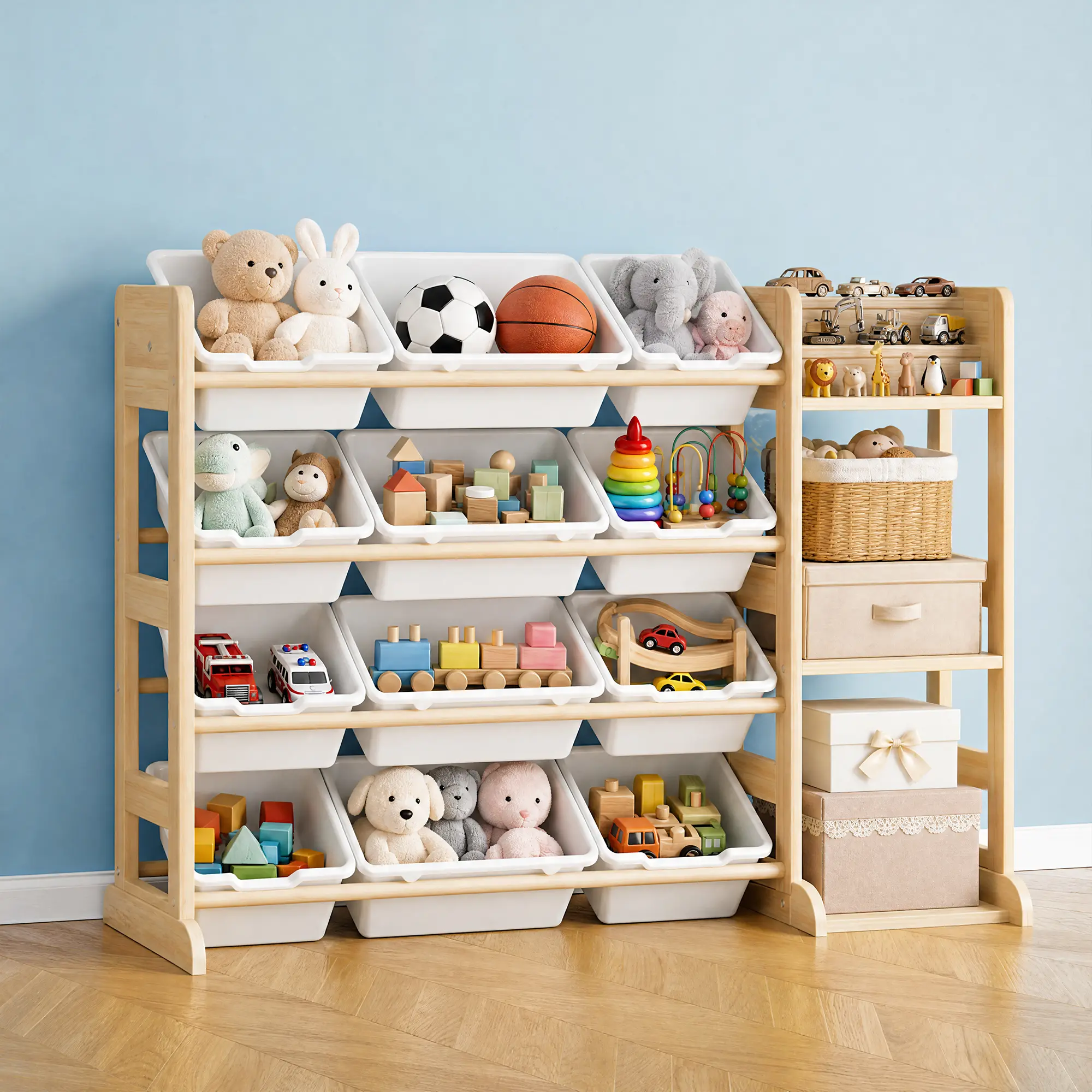 Solid Wood Kids Toy Storage Organizer Cabinet – 12 Bins & 3 Open Shelves – Wide Bookshelf Unit for Playroom, Nursery, Bedroom – 42" Wide